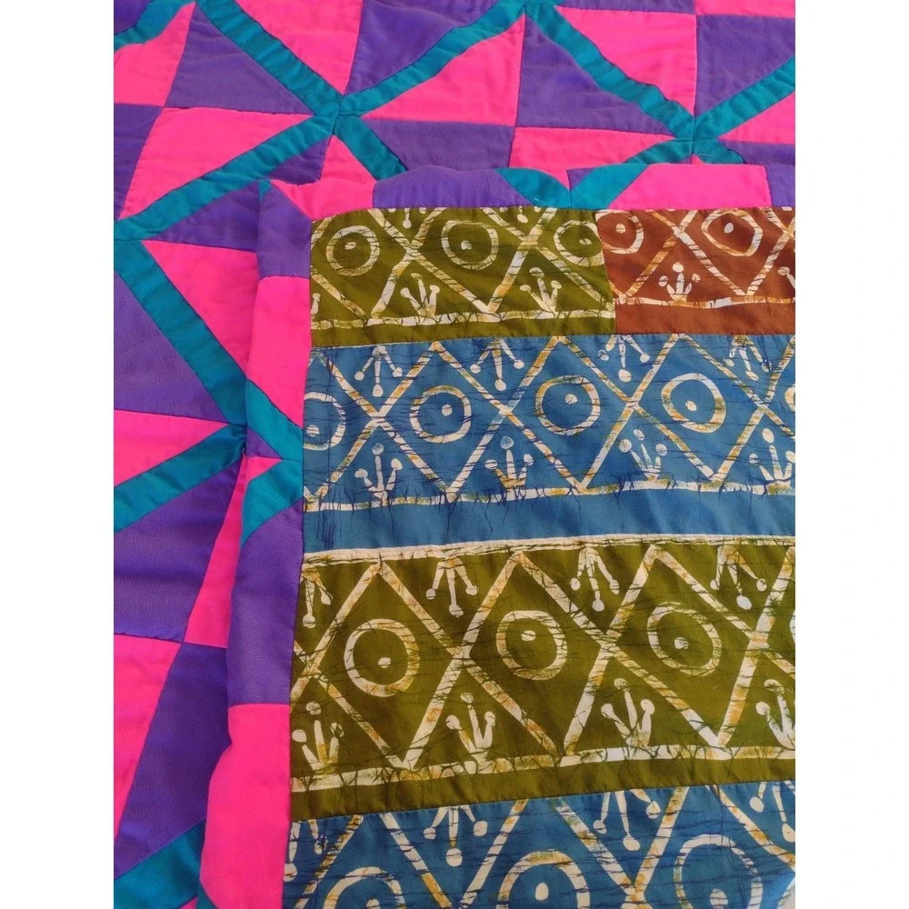 Vtg Neon 70s Cutter Quilt Blanket Handmade Solid Pink Purple Turquoise 60x60